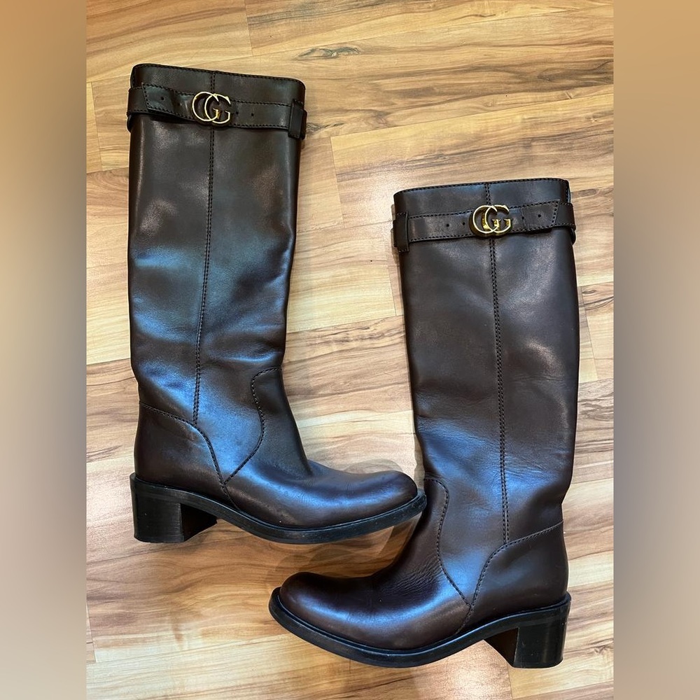GUCCI Brown Boots Knee High GG Logo Leather Riding Women's